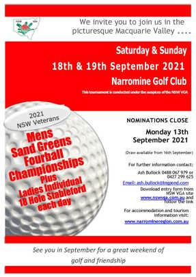 2021 NSW Veterans Mens Sand Greens Fourball Championships Plus Individual Ladies Individual 18 Hole Stableford each day